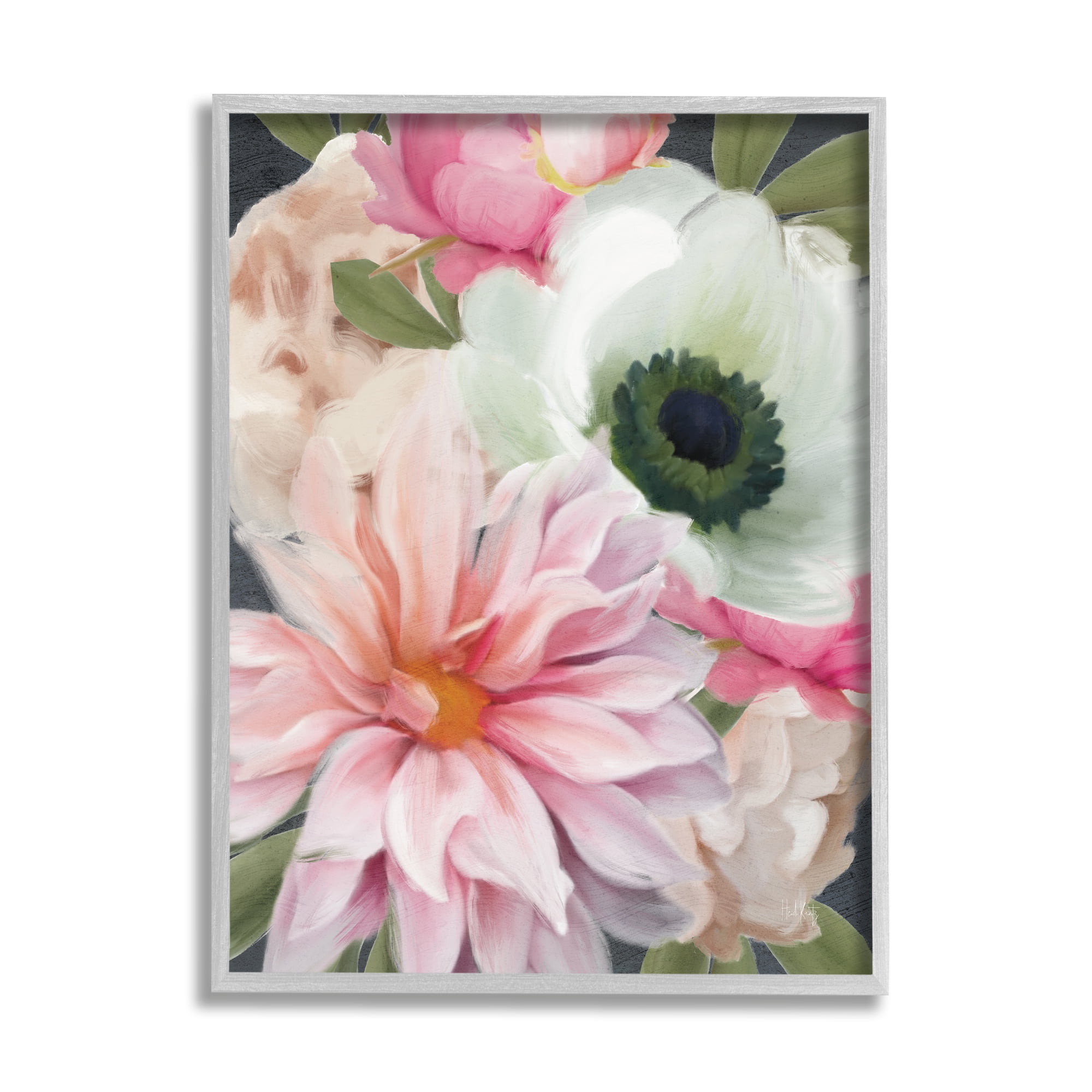 Gray Framed Floral Peony Dahlia Blossoms 11x14 Art Print