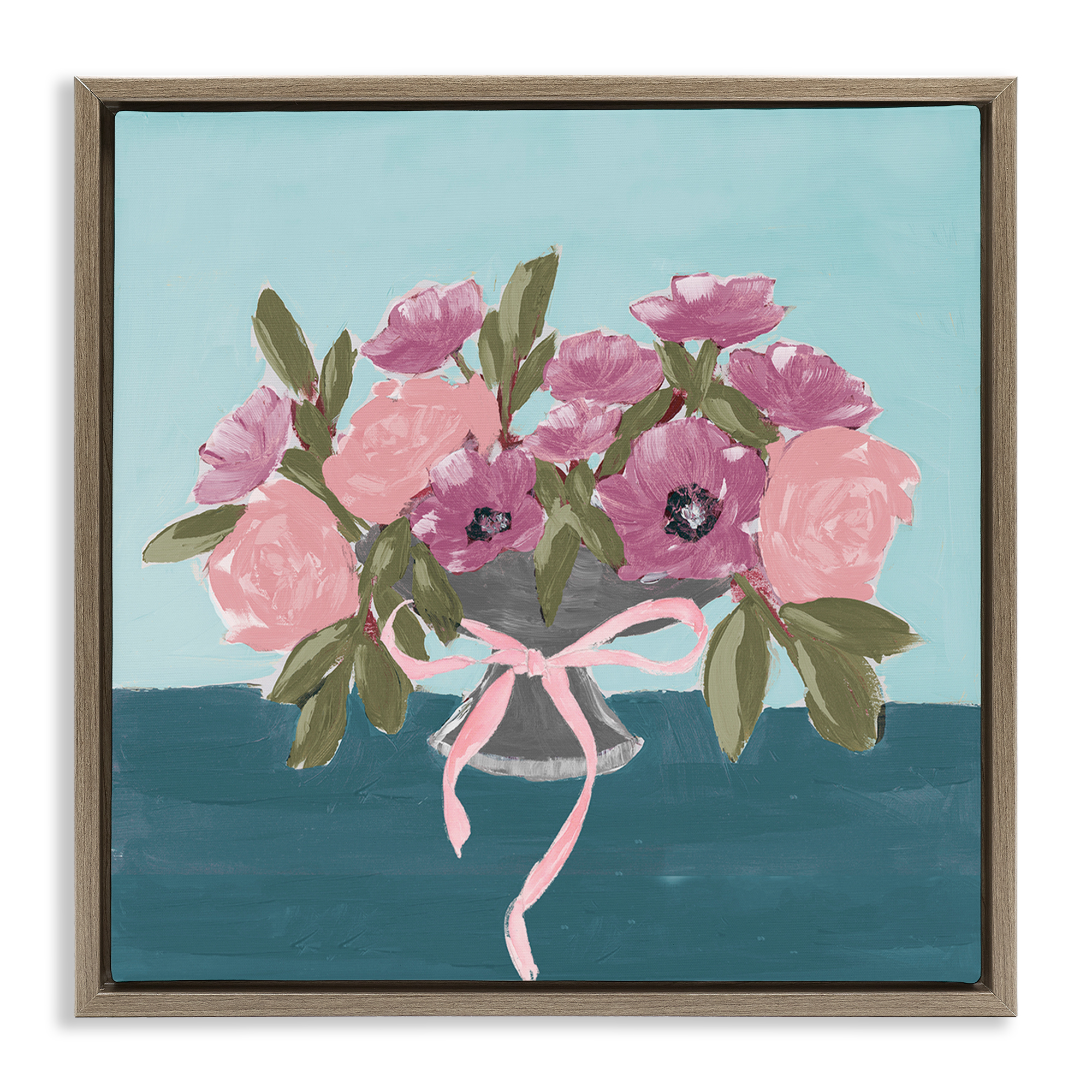 Stupell Industries Beautiful Flowers on Blue Plants & Flowers Painting Brown Floater Framed Canvas Art Print Wall Art, 25 x 25
