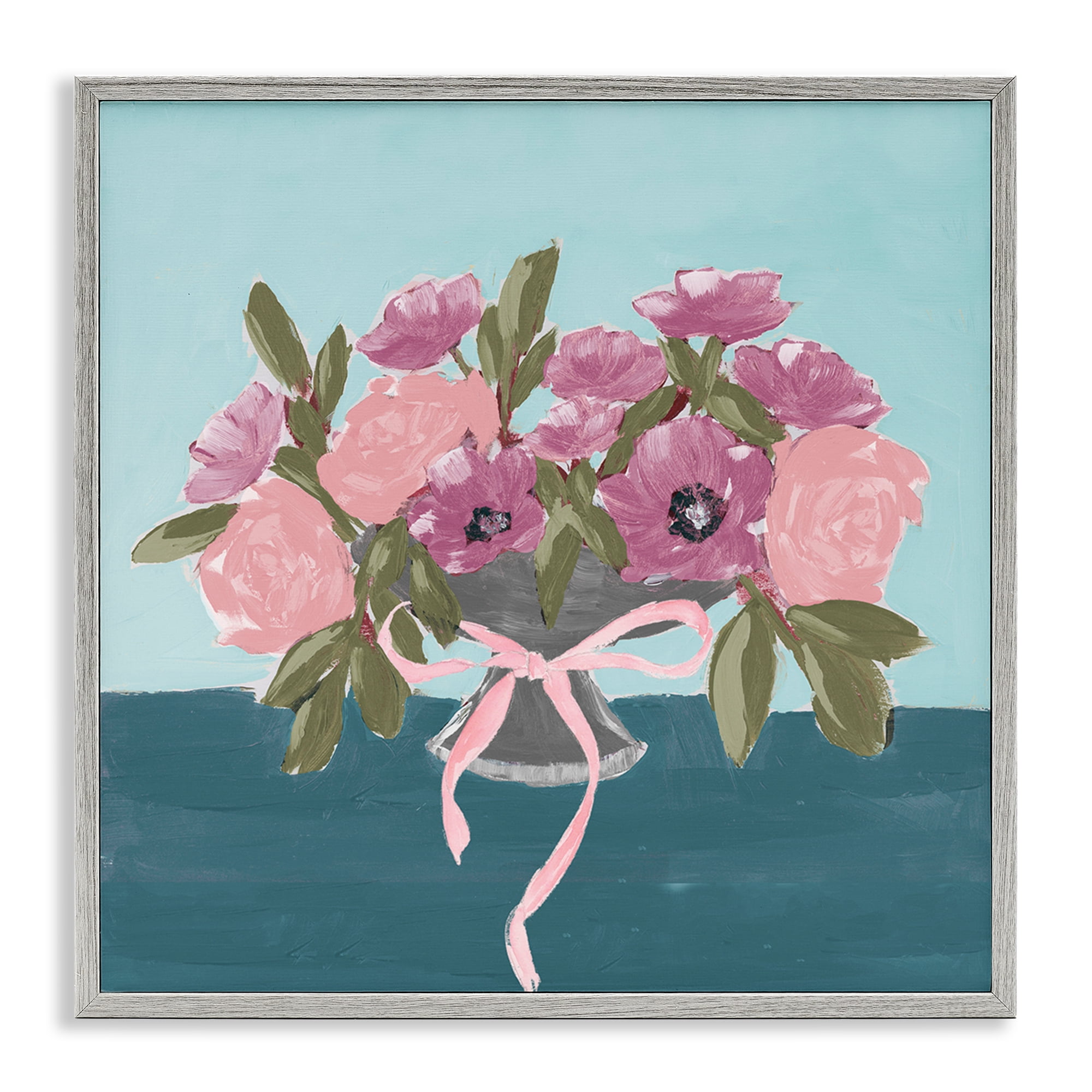 Stupell Industries Beautiful Flowers on Blue Plants & Flowers Painting Gray Framed Art Print Wall Art, 12 x 12
