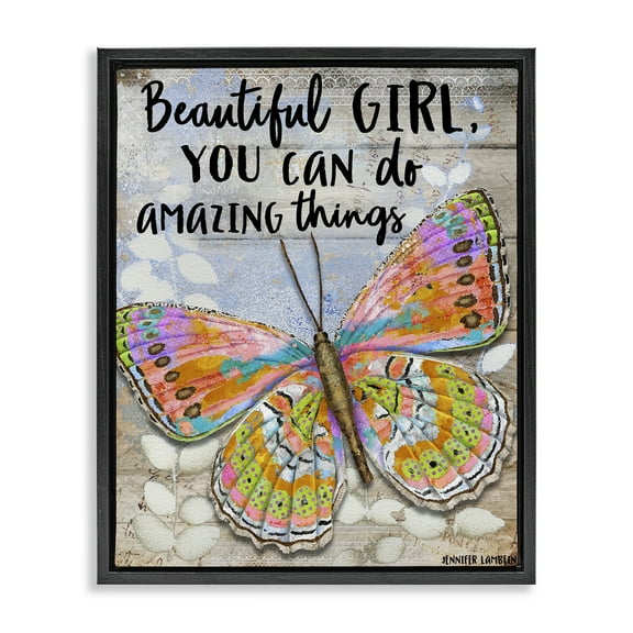 Stupell Industries Beautiful Girl & Butterfly Animals Painting Black Floater Framed Canvas Art Print Wall Art, 17 x 21