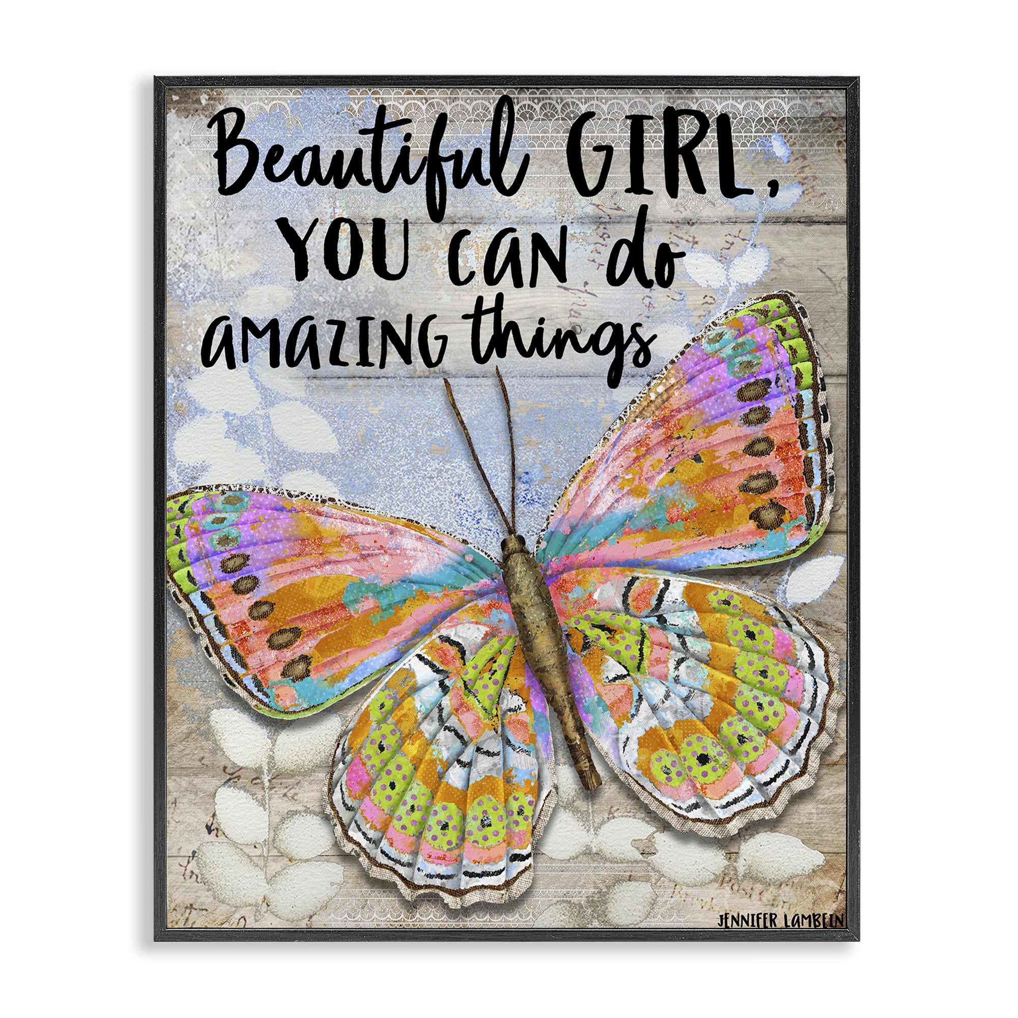 Stupell Industries Beautiful Girl & Butterfly Animals Painting Black Framed Art Print Wall Art, 16 x 20