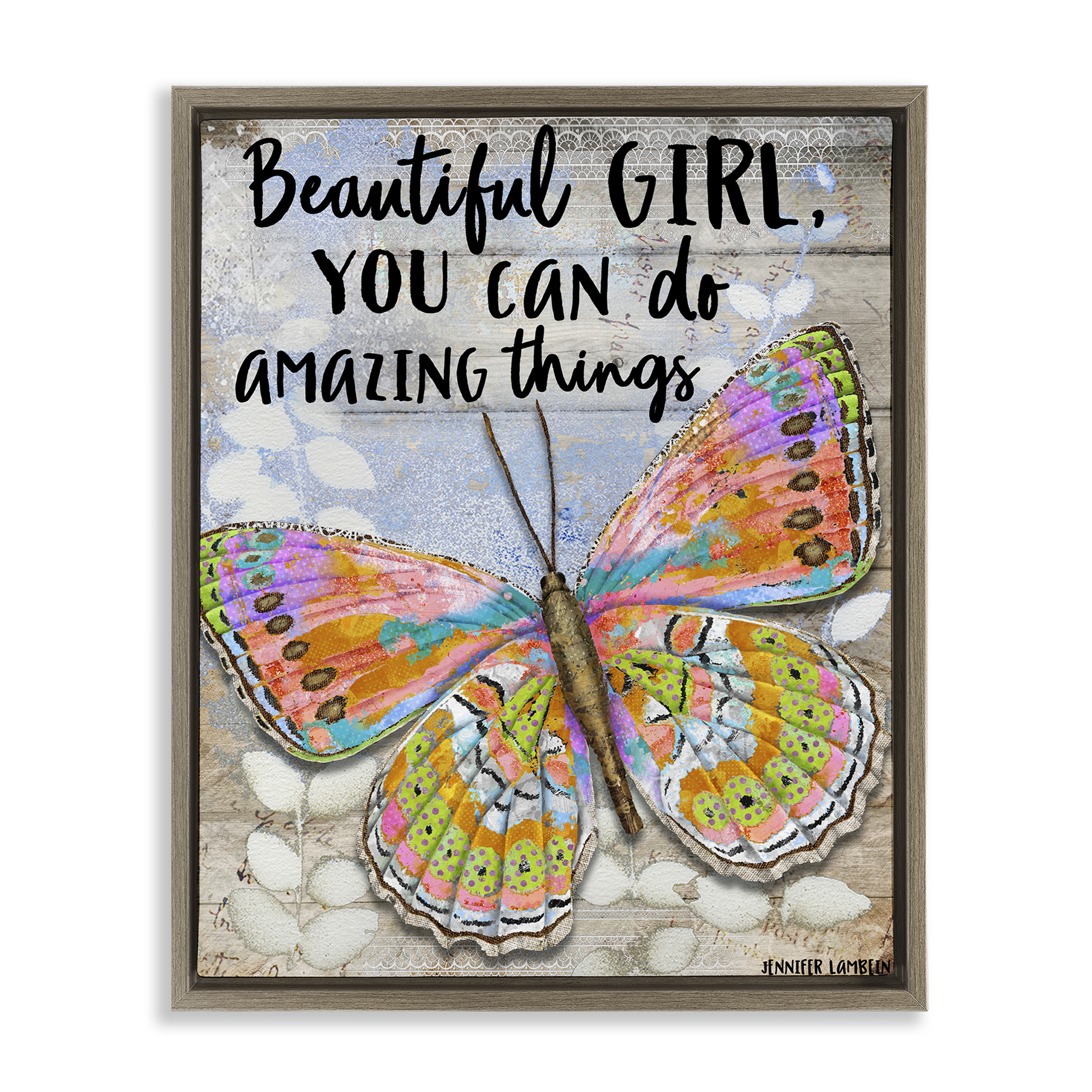 Stupell Industries Beautiful Girl & Butterfly Animals Painting Brown Floater Framed Canvas Art Print Wall Art, 17 x 21