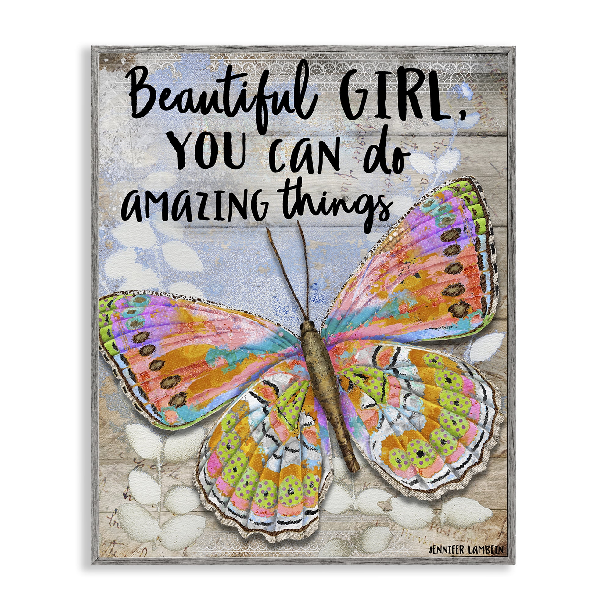 Stupell Industries Beautiful Girl & Butterfly Animals Painting Gray Framed Art Print Wall Art, 24 x 30