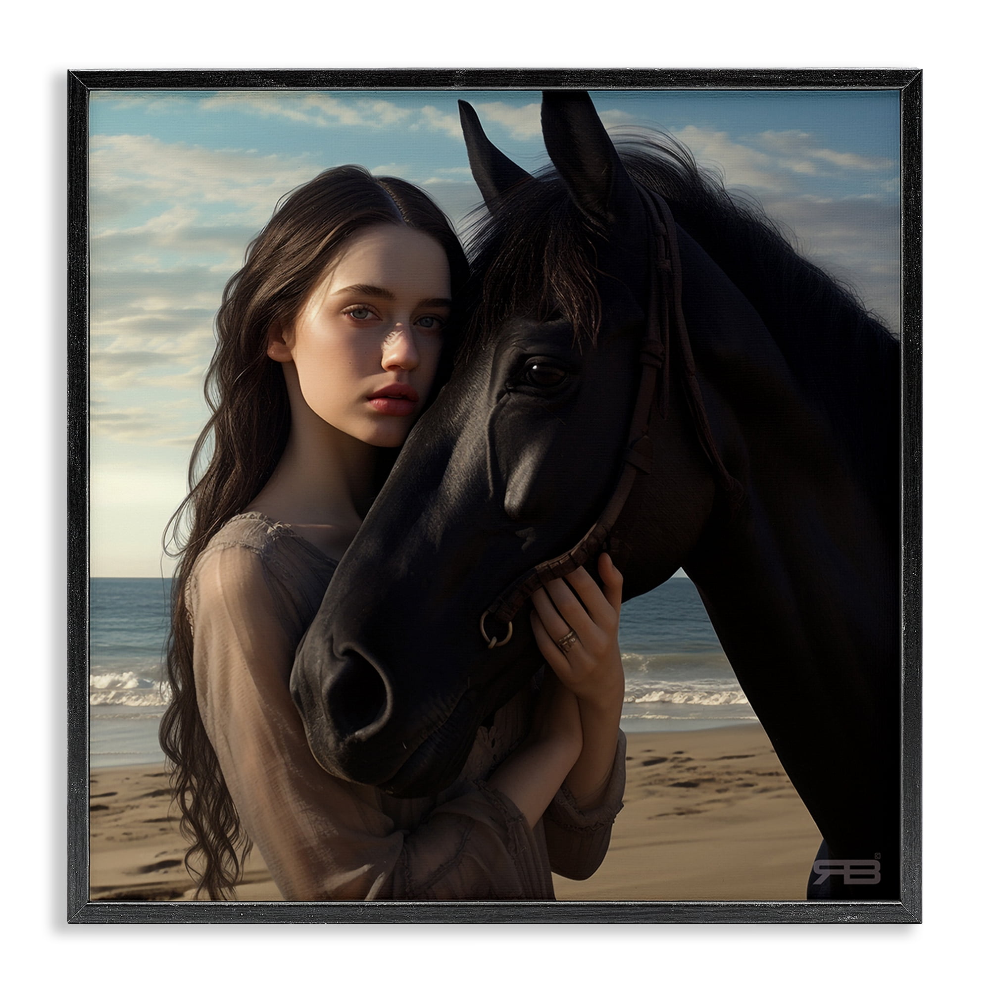 Stupell Industries Beautiful Girl & Stallion People Painting Black Framed Art Print Wall Art, 24 x 24