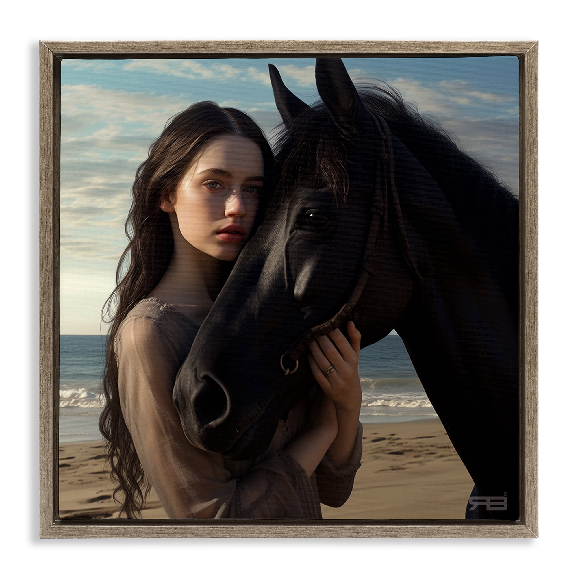 Stupell Industries Beautiful Girl & Stallion People Painting Brown Floater Framed Canvas Art Print Wall Art, 18 x 18