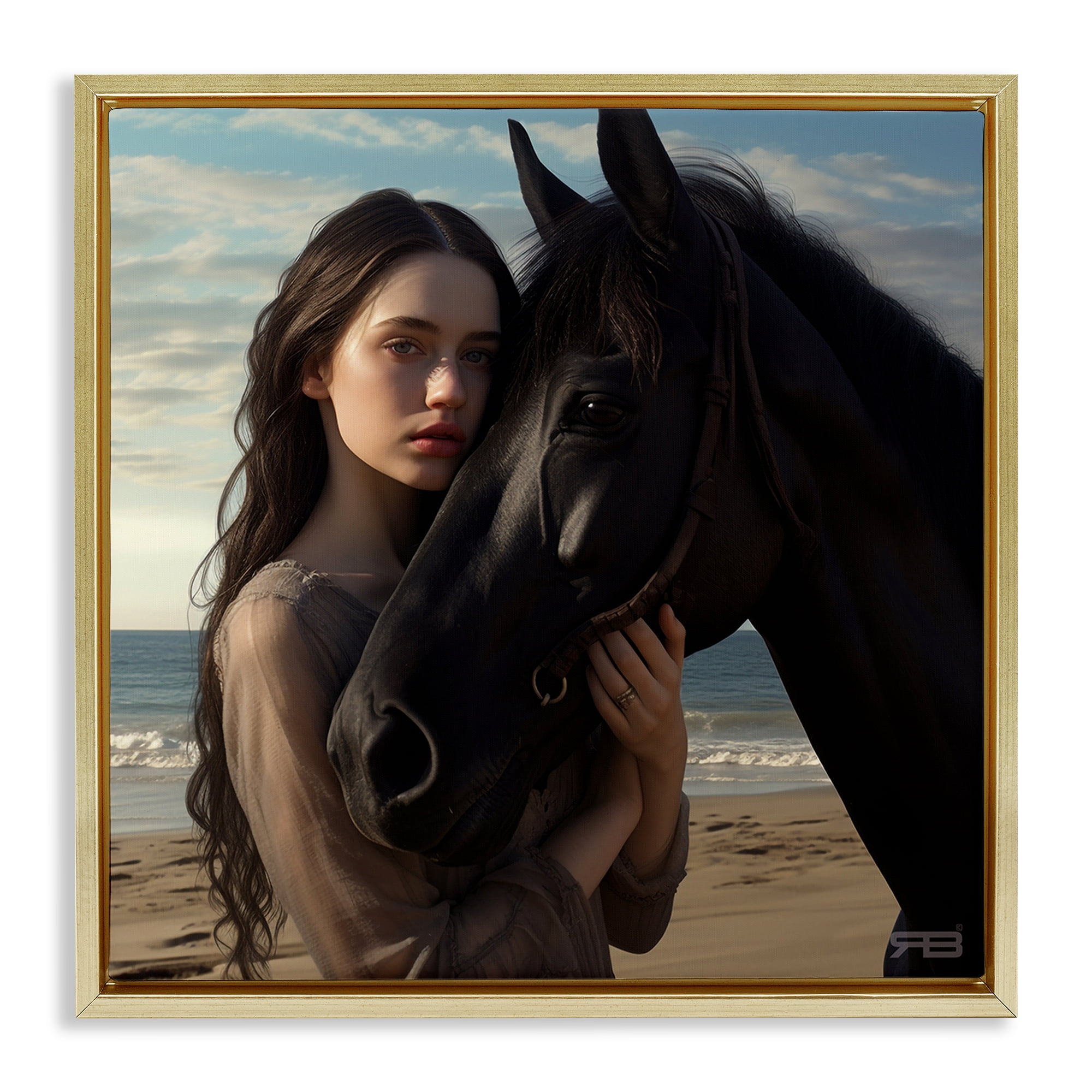 Stupell Industries Beautiful Girl & Stallion People Painting Gold Floater Framed Canvas Art Print Wall Art, 25 x 25