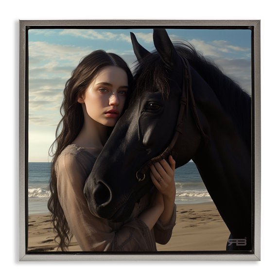 Stupell Industries Beautiful Girl & Stallion People Painting Gray Floater Framed Canvas Art Print Wall Art, 18 x 18