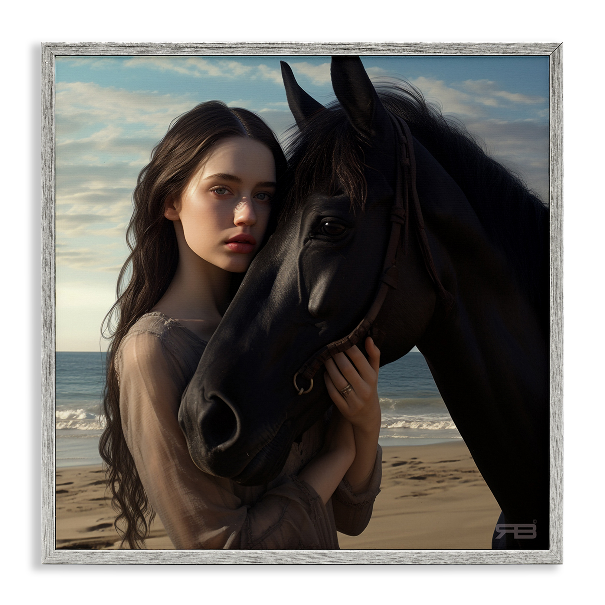 Stupell Industries Beautiful Girl & Stallion People Painting Gray Framed Art Print Wall Art, 24 x 24