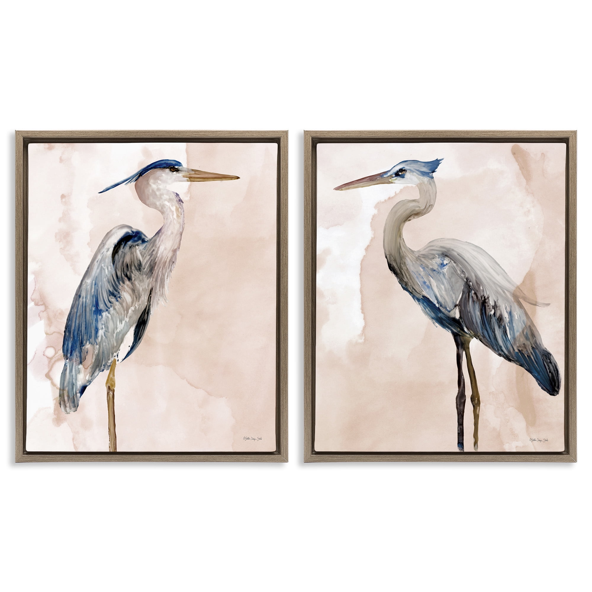 Stupell Industries Beautiful Heron Birds Standing Watercolor Animals & Insects Painting Brown Floater Framed Canvas Art Print Wall Art, 17 x 21, Set of 2