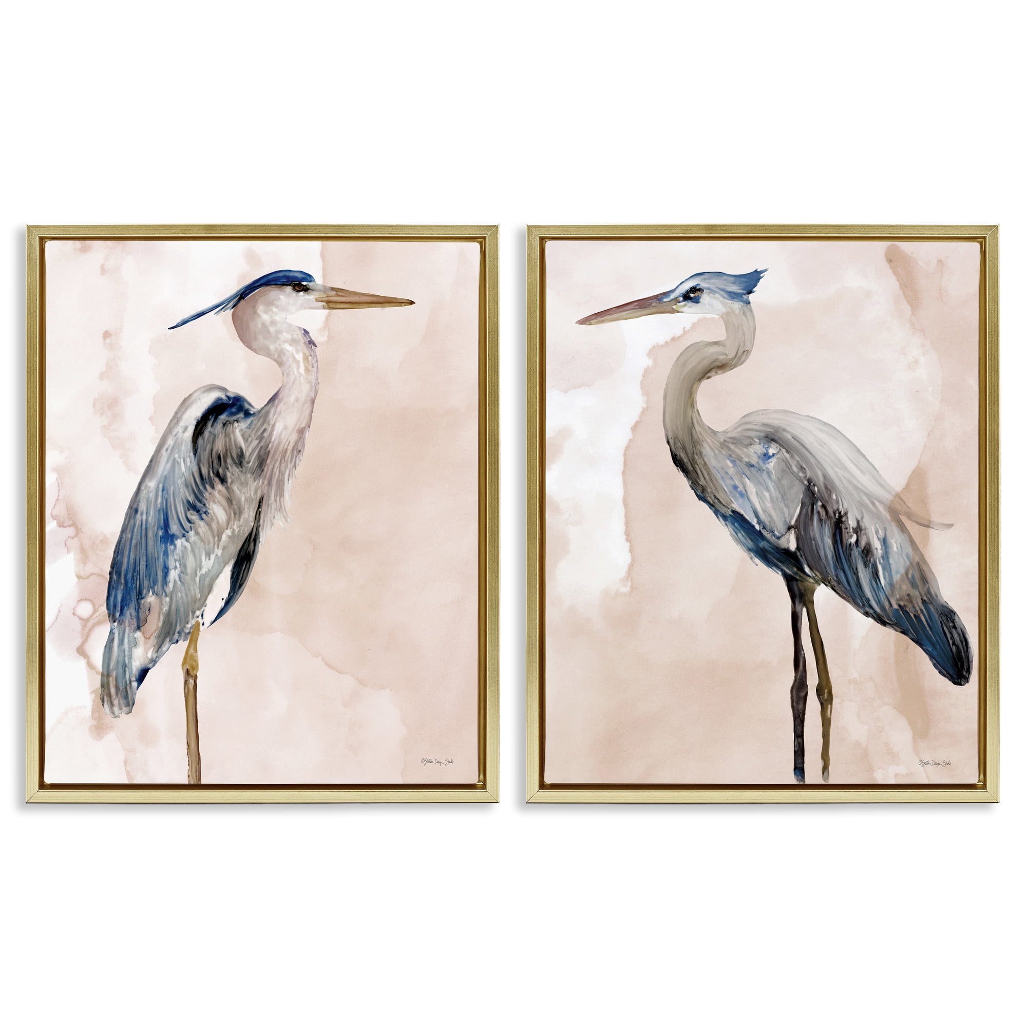 Stupell Industries Beautiful Heron Birds Standing Watercolor Animals & Insects Painting Gold Floater Framed Canvas Art Print Wall Art, 25 x 31, Set of 2