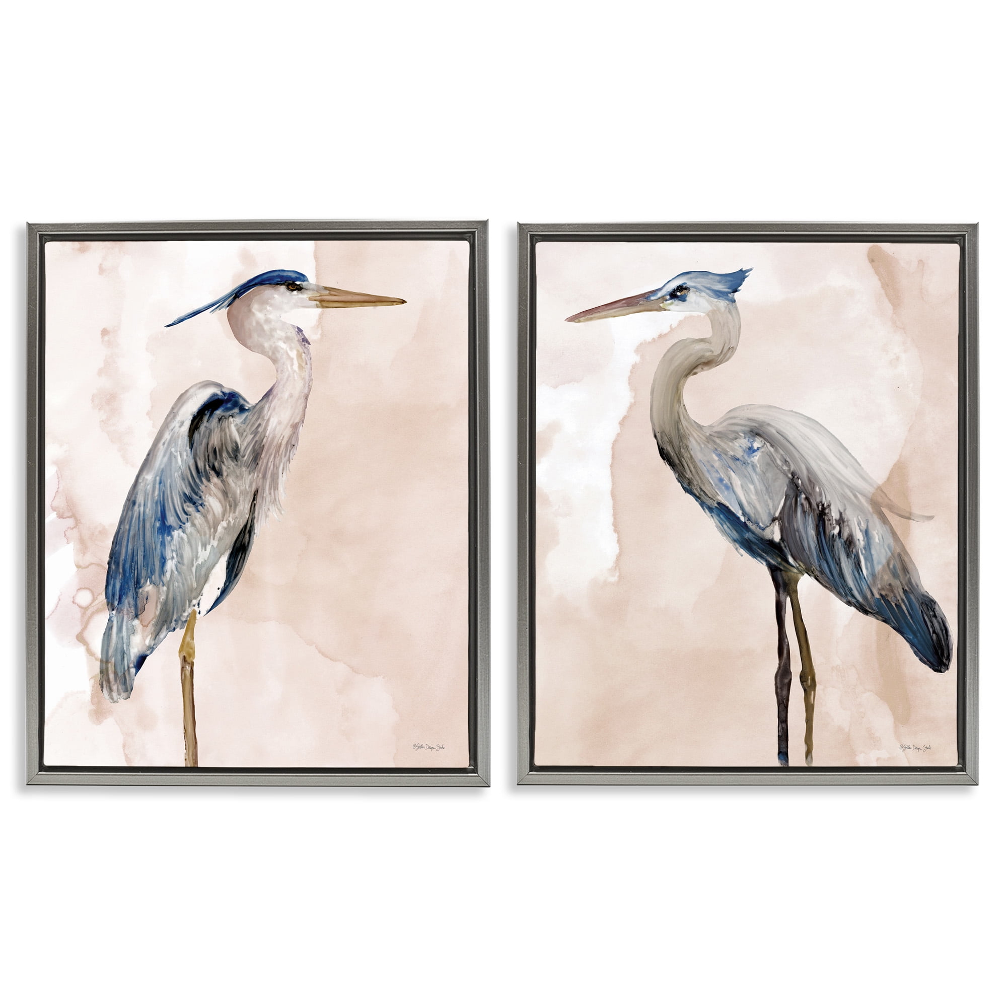 Stupell Industries Beautiful Heron Birds Standing Watercolor Animals & Insects Painting Gray Floater Framed Canvas Art Print Wall Art, 17 x 21, Set of 2