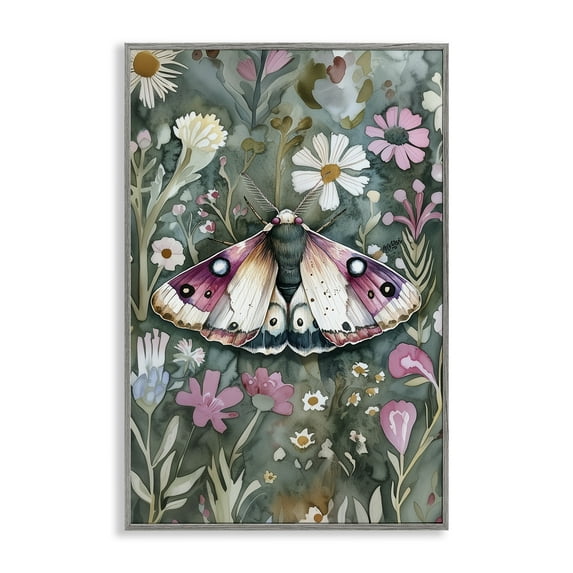 Stupell Industries Beautiful Moth over Florals Floral Painting Gray Framed Art Print Wall Art, 12 x 18
