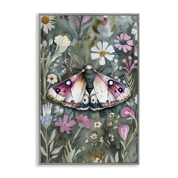 Stupell Industries Beautiful Moth over Florals Floral Painting Gray Framed Art Print Wall Art, 16 x 24