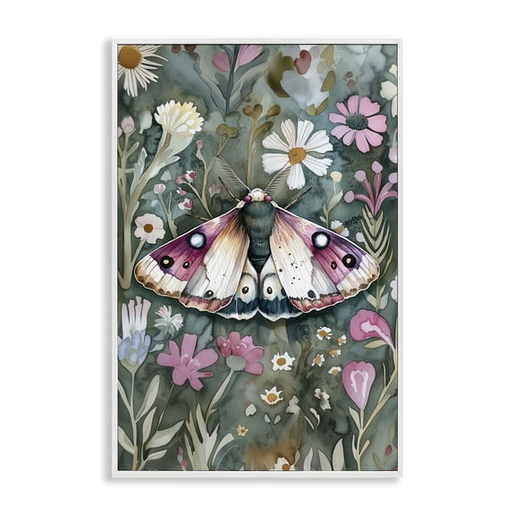 Stupell Industries Beautiful Moth over Florals Floral Painting White Framed Art Print Wall Art, 12 x 18