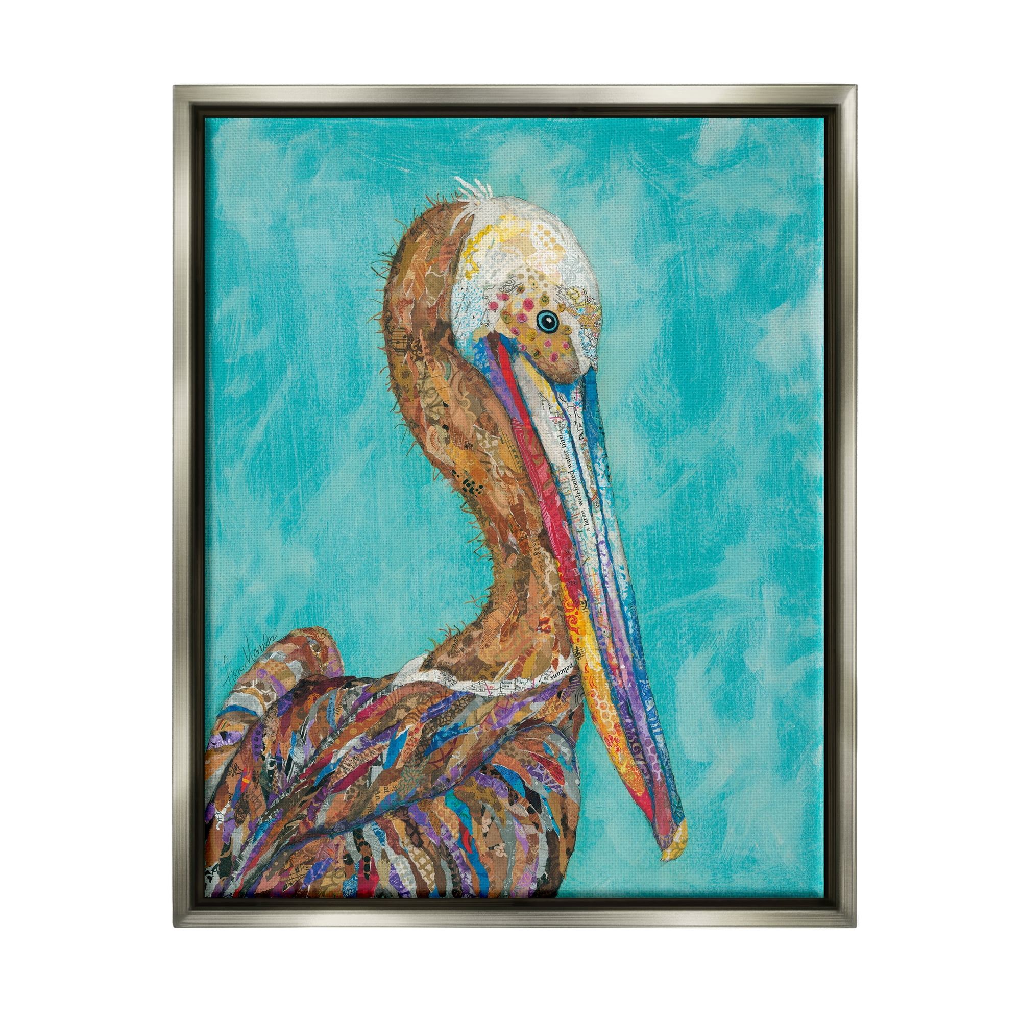 Stupell Industries Beautiful Pelican Bird Vivid Collaged Patterns Design Painting Luster Gray Floating Framed Canvas Print Wall Art, Design by Lisa Morales