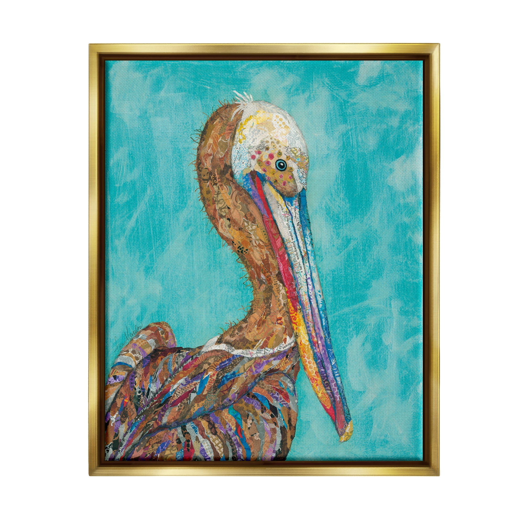 Stupell Industries Beautiful Pelican Bird Vivid Collaged Patterns Design Painting Metallic Gold Floating Framed Canvas Print Wall Art, Design by Lisa Morales