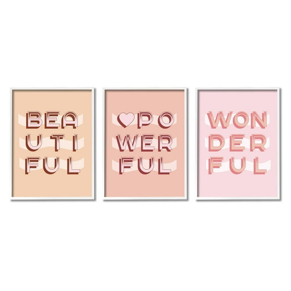 Stupell Industries Beautiful Powerful Wonderful Encouragement Pink White Heart Graphic Art White Framed Art Print Wall Art Set of 3, 11x14, by Daphne Polselli