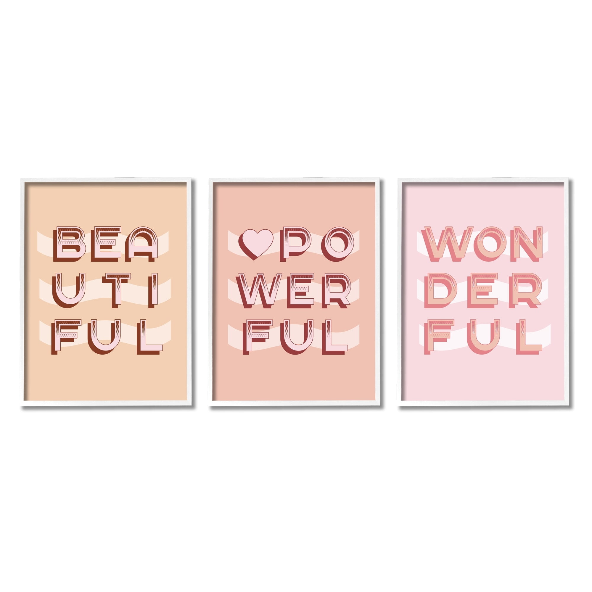 Stupell Industries Beautiful Powerful Wonderful Encouragement Pink White Heart Graphic Art White Framed Art Print Wall Art Set of 3, 11x14, by Daphne Polselli