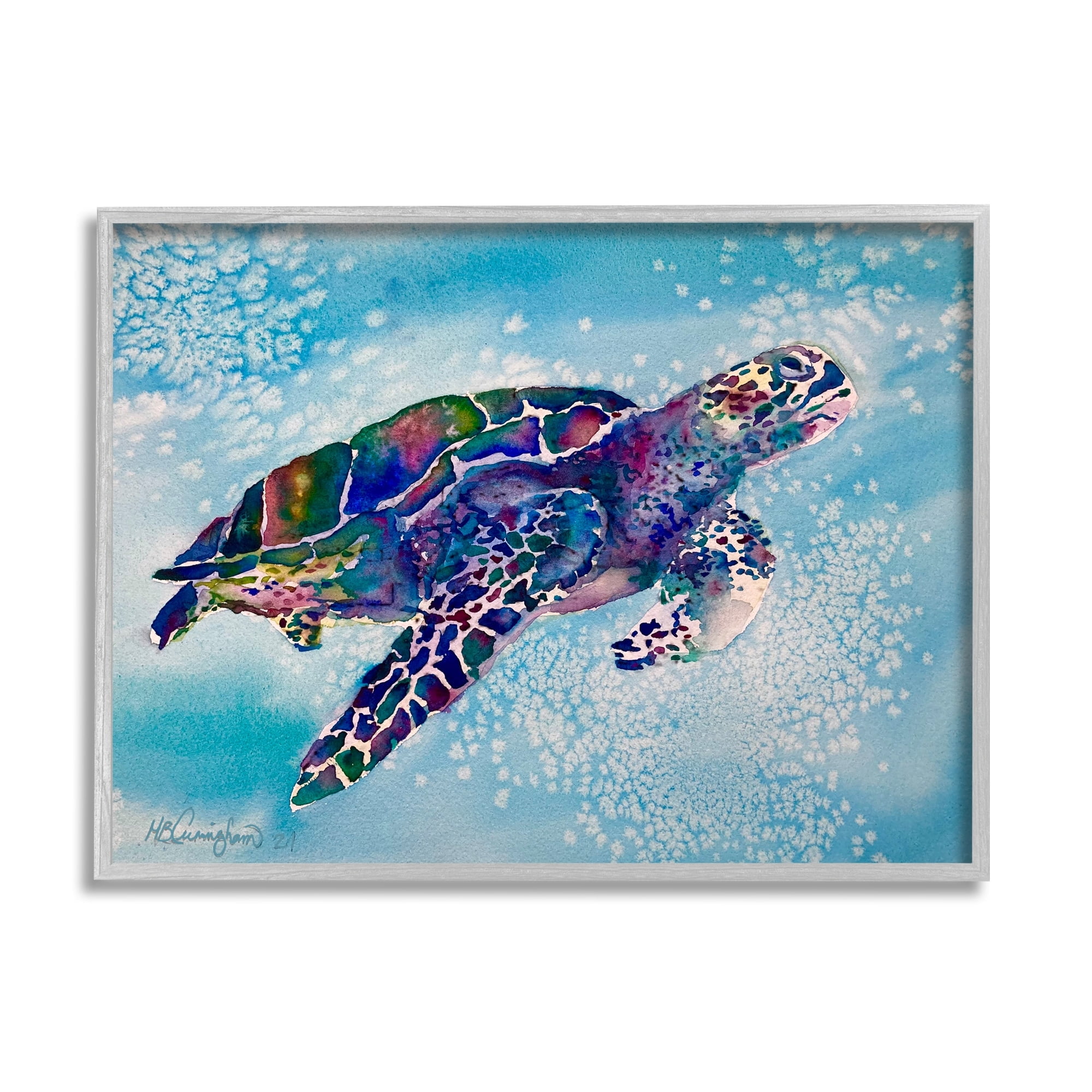 Stupell Industries Beautiful Sea Turtle Swimming Stippled Water Splashing Paintings Gray Framed Art Print Wall Art, 20x16, by MB Cunningham