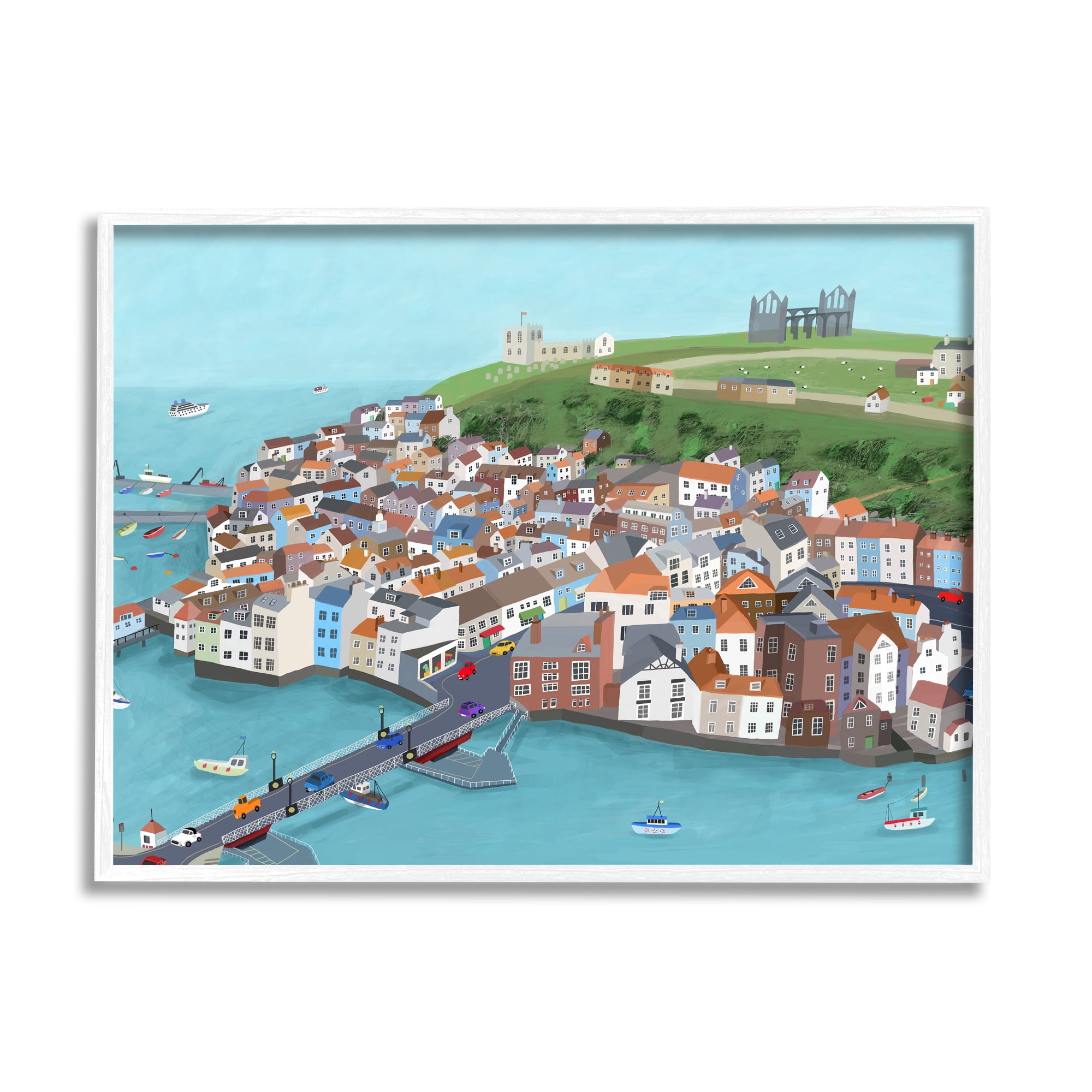 Stupell Industries Beautiful Seaside City Buildings Port Town Boats Illustration , 20 x 16, Design by Carla Daly