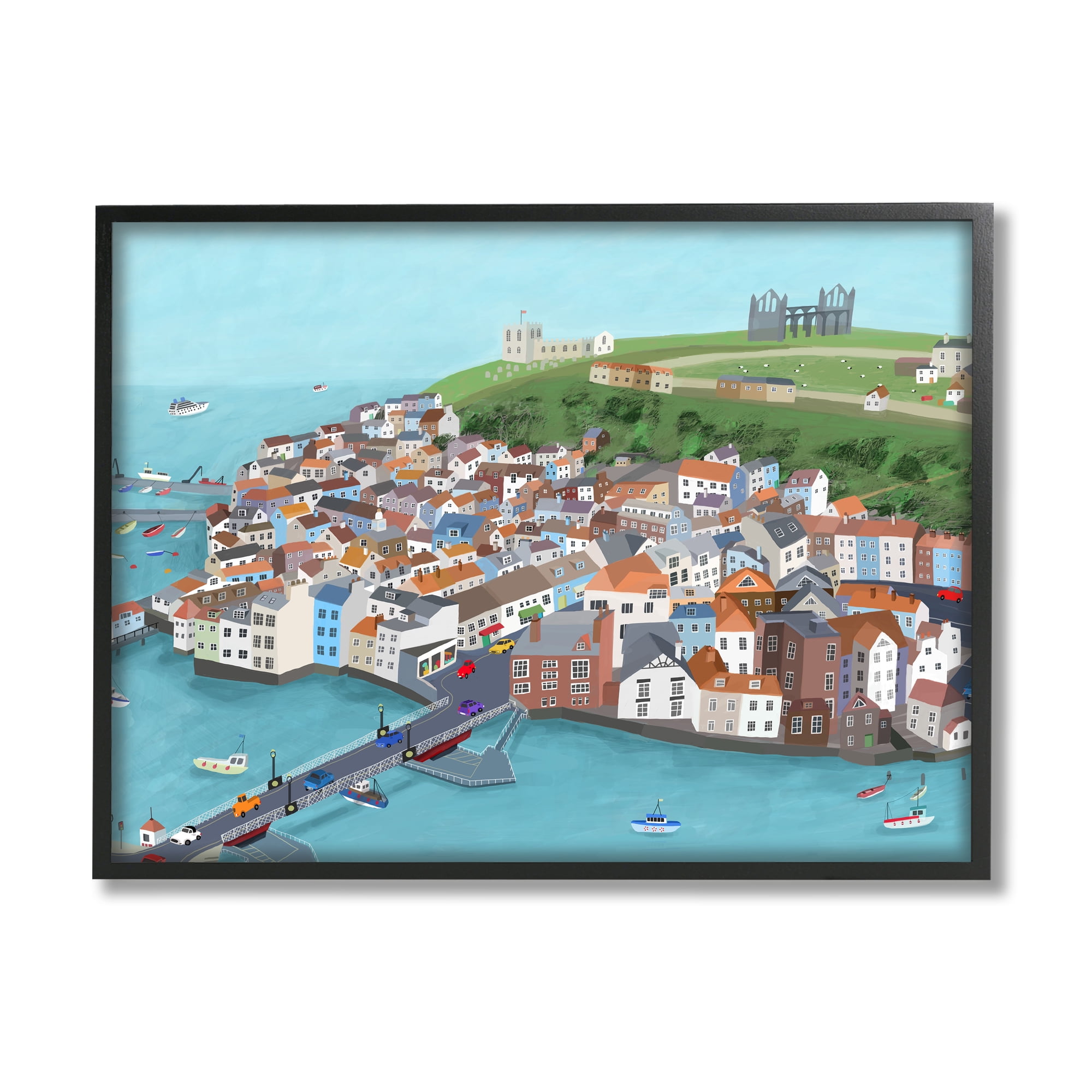 Stupell Industries Beautiful Seaside City Buildings Port Town Boats Illustration , 20 x 16, Design by Carla Daly