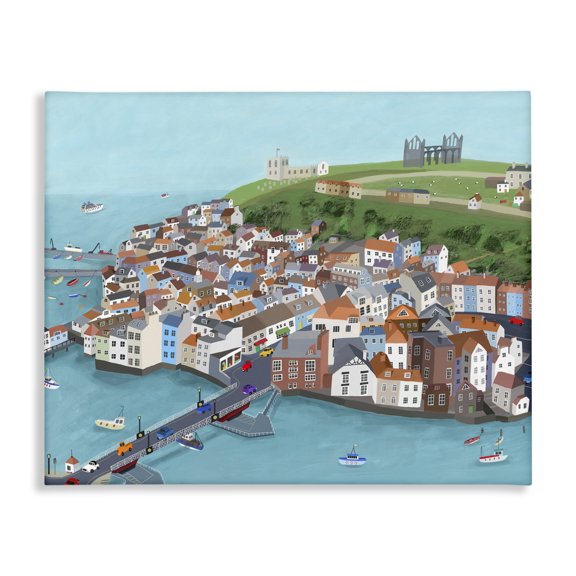 Stupell Industries Transitional Beautiful Seaside City Buildings Port Town Boats Illustration Canvas Art, 48 x 36, by Carla Daly