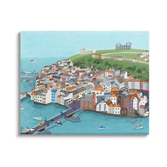 Stupell Industries Beautiful Seaside City Buildings Port Town Boats Illustration Graphic Art Gallery-Wrapped Canvas Print Wall Art, 40x30, by Carla Daly