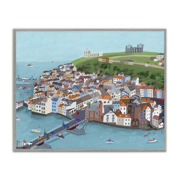 Stupell Industries Transitional Beautiful Seaside City Buildings Port Town Boats Illustration Gray Framed Giclee Art, 14 x 11, by Carla Daly