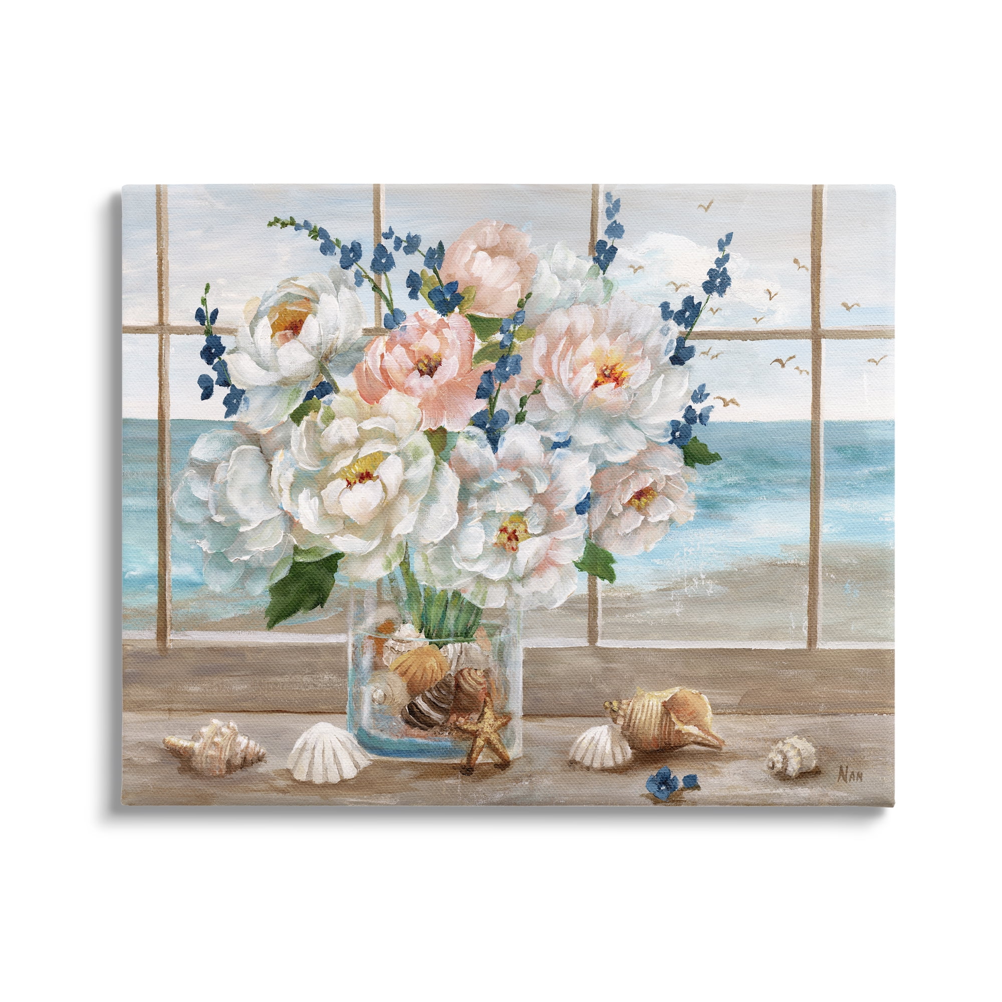 Stupell Industries Beautiful Seaside Peonies Bouquet Vase Beach Seashells, 20 x 16, Design by Nan