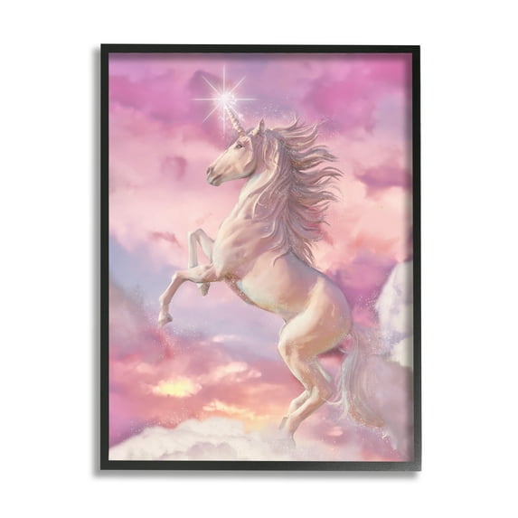 Stupell Industries Beautiful Sunset Unicorn Pink Clouds Fantasy Illustration Graphic Art Black Framed Art Print Wall Art, 16x20, by Ziwei Li