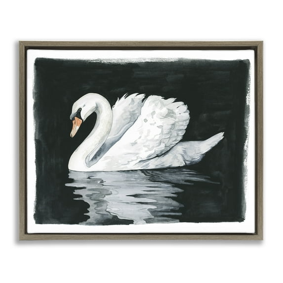 Stupell Industries Beautiful Swan Black Reflection Animals & Insects Painting Brown Floater Framed Canvas Art Print Wall Art, 21 x 17