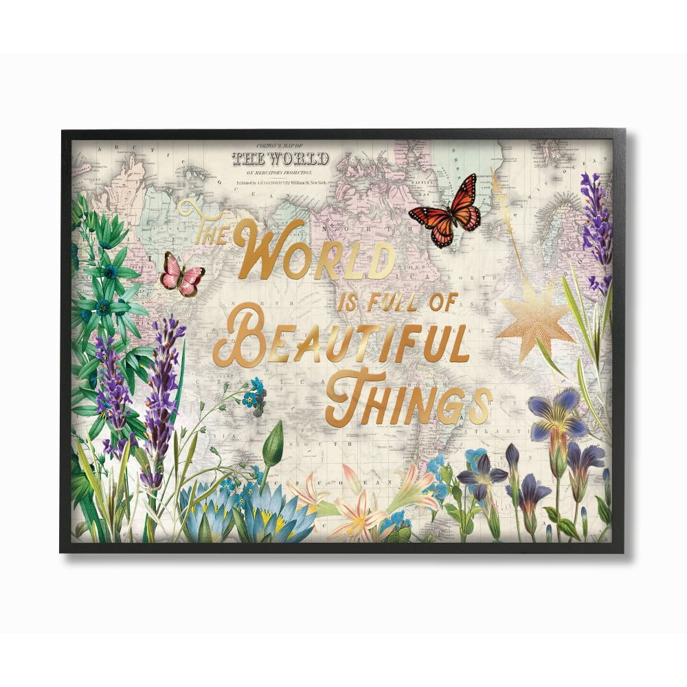 Stupell Industries Beautiful Things Globe Map Flower Word Design Framed Wall Art by Ophelia and Company