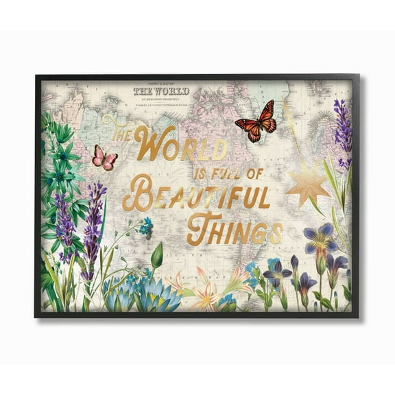 Stupell Industries Beautiful Things Globe Map Flower Word Design Graphic Art Black Framed Art Print Wall Art, 24x30, by Ophelia and Company