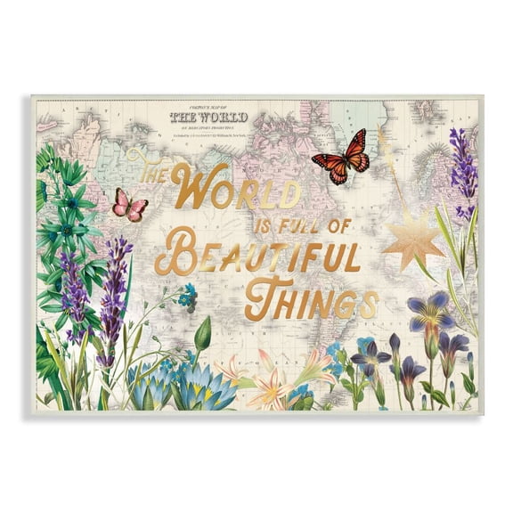 Stupell Industries Beautiful Things Globe Map Flower Word Design Wall Plaque by Ophelia and Company