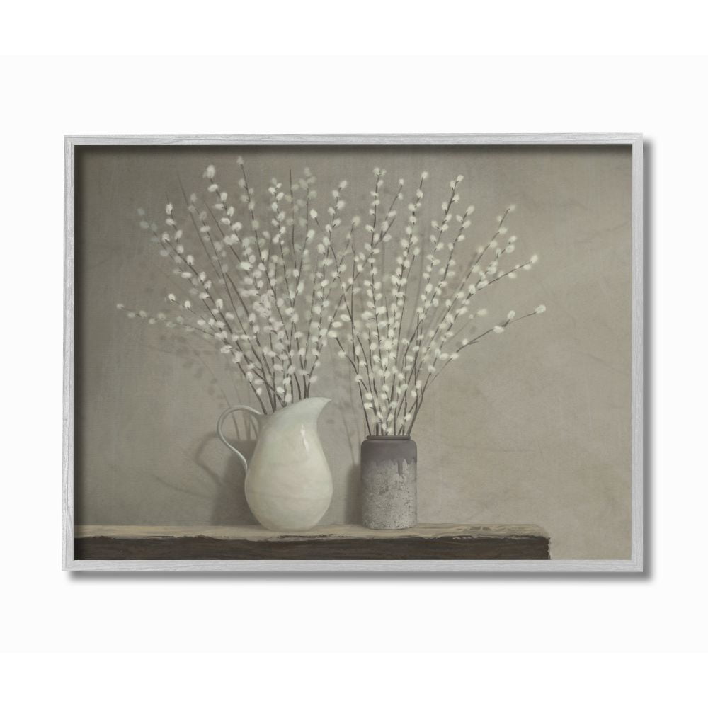 Stupell Industries Beautiful Willow Flower Neutral Grey Painting Gray Farmhouse Rustic Framed Giclee Texturized Art by Ziwei Li