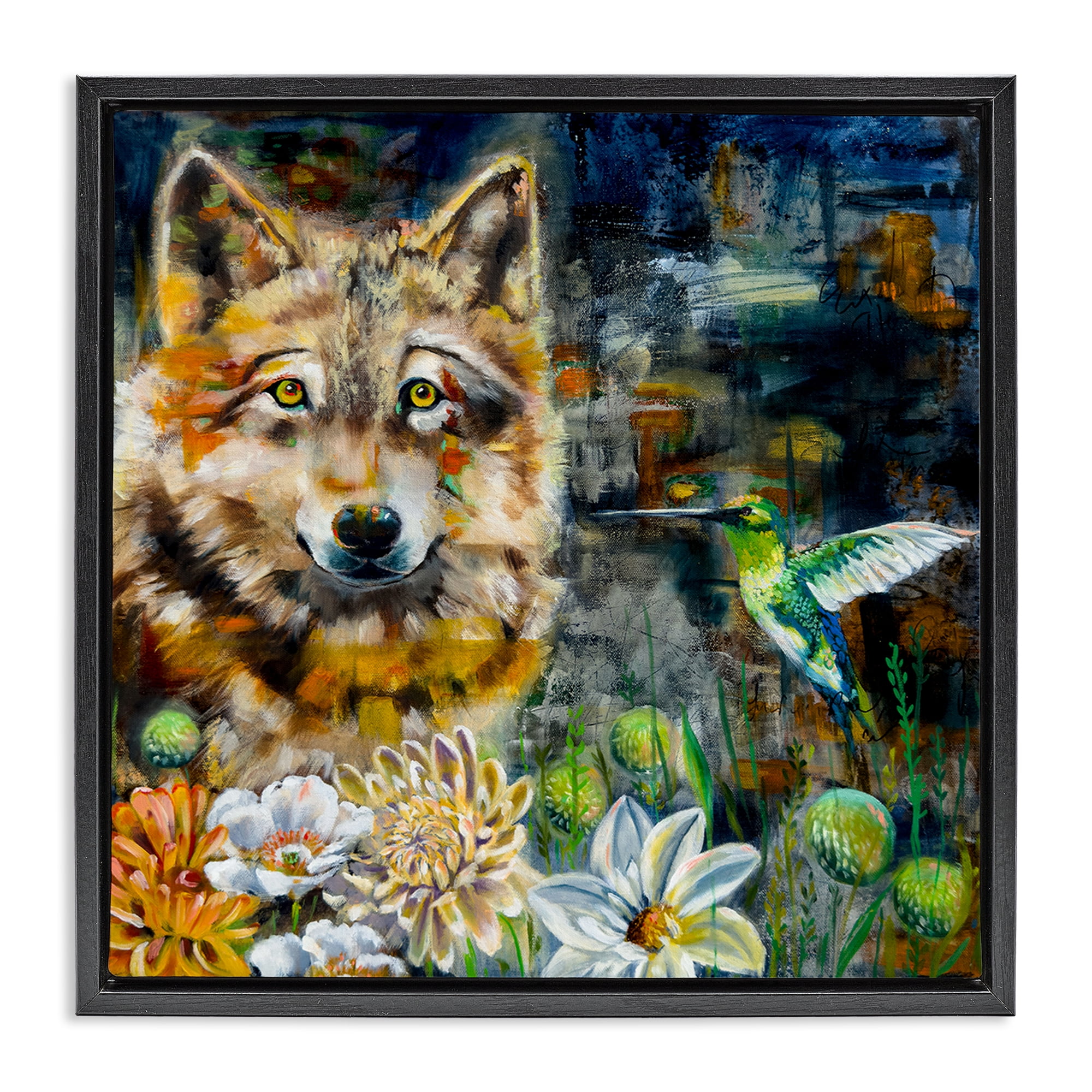 Stupell Industries Beautiful Wolf & Hummingbird Animals Painting Black Floater Framed Canvas Art Print Wall Art, 25 x 25