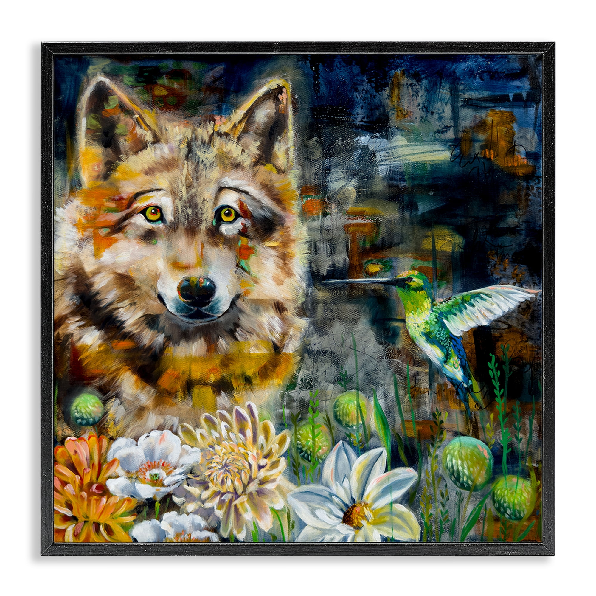 Stupell Industries Beautiful Wolf & Hummingbird Animals Painting Black Framed Art Print Wall Art, 17 x 17