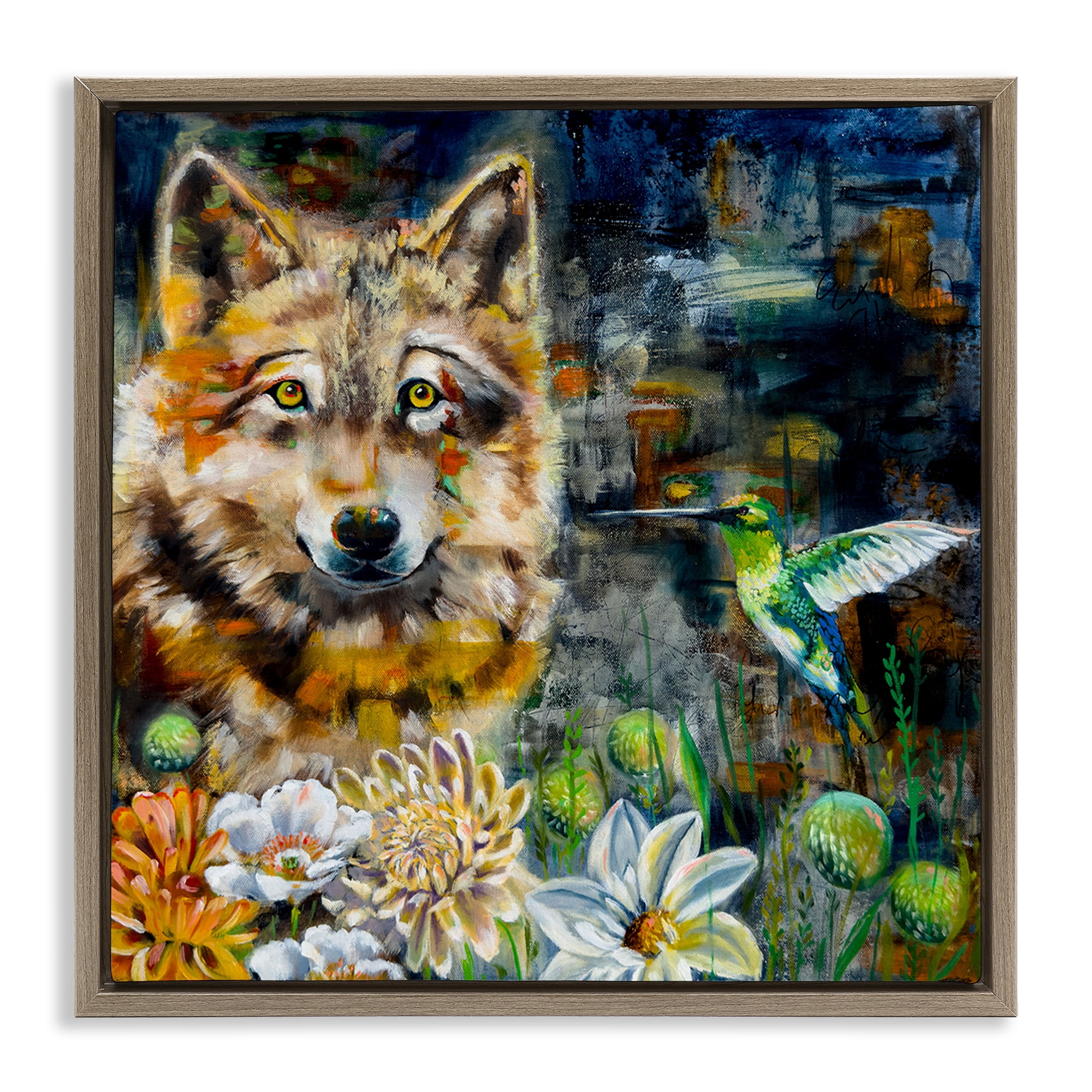Stupell Industries Beautiful Wolf & Hummingbird Animals Painting Brown Floater Framed Canvas Art Print Wall Art, 25 x 25