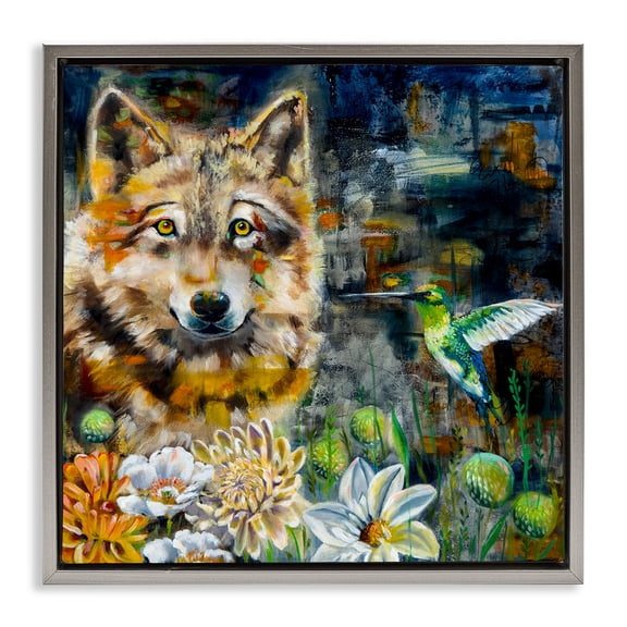 Stupell Industries Beautiful Wolf & Hummingbird Animals Painting Gray Floater Framed Canvas Art Print Wall Art, 25 x 25