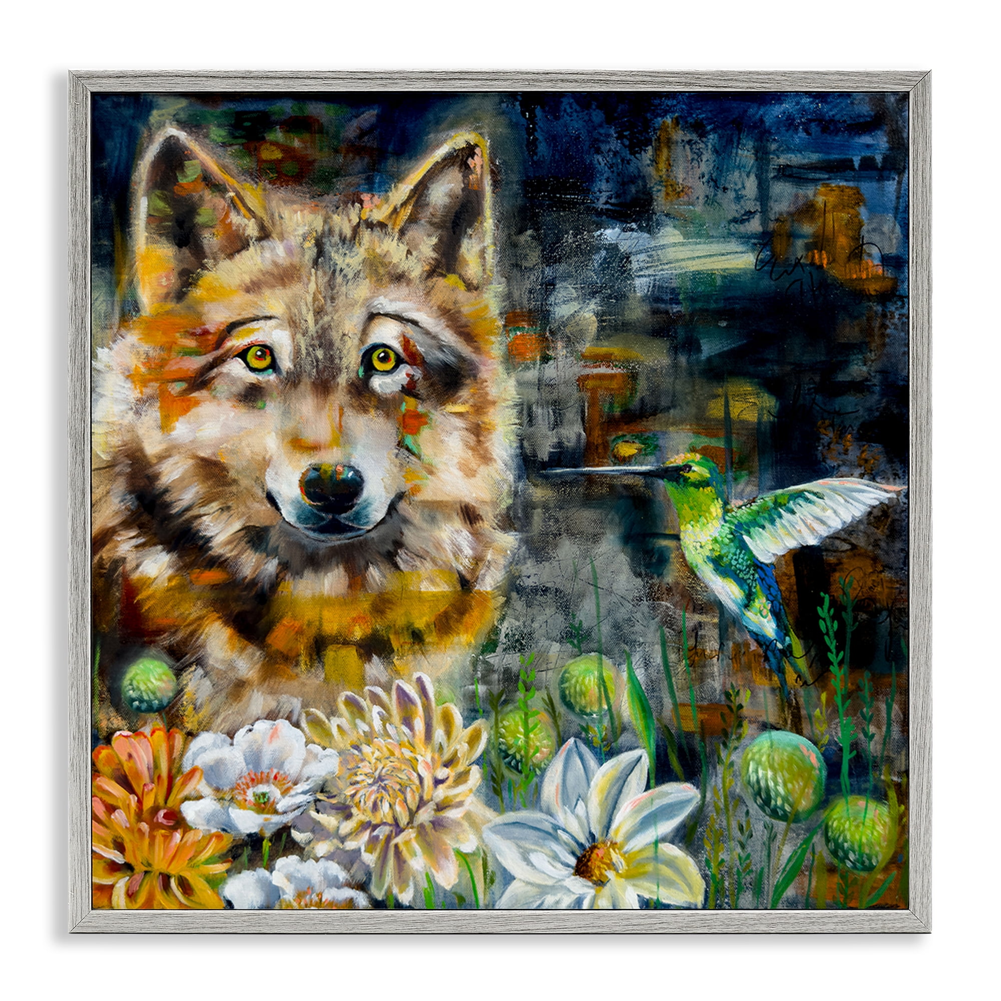 Stupell Industries Beautiful Wolf & Hummingbird Animals Painting Gray Framed Art Print Wall Art, 24 x 24