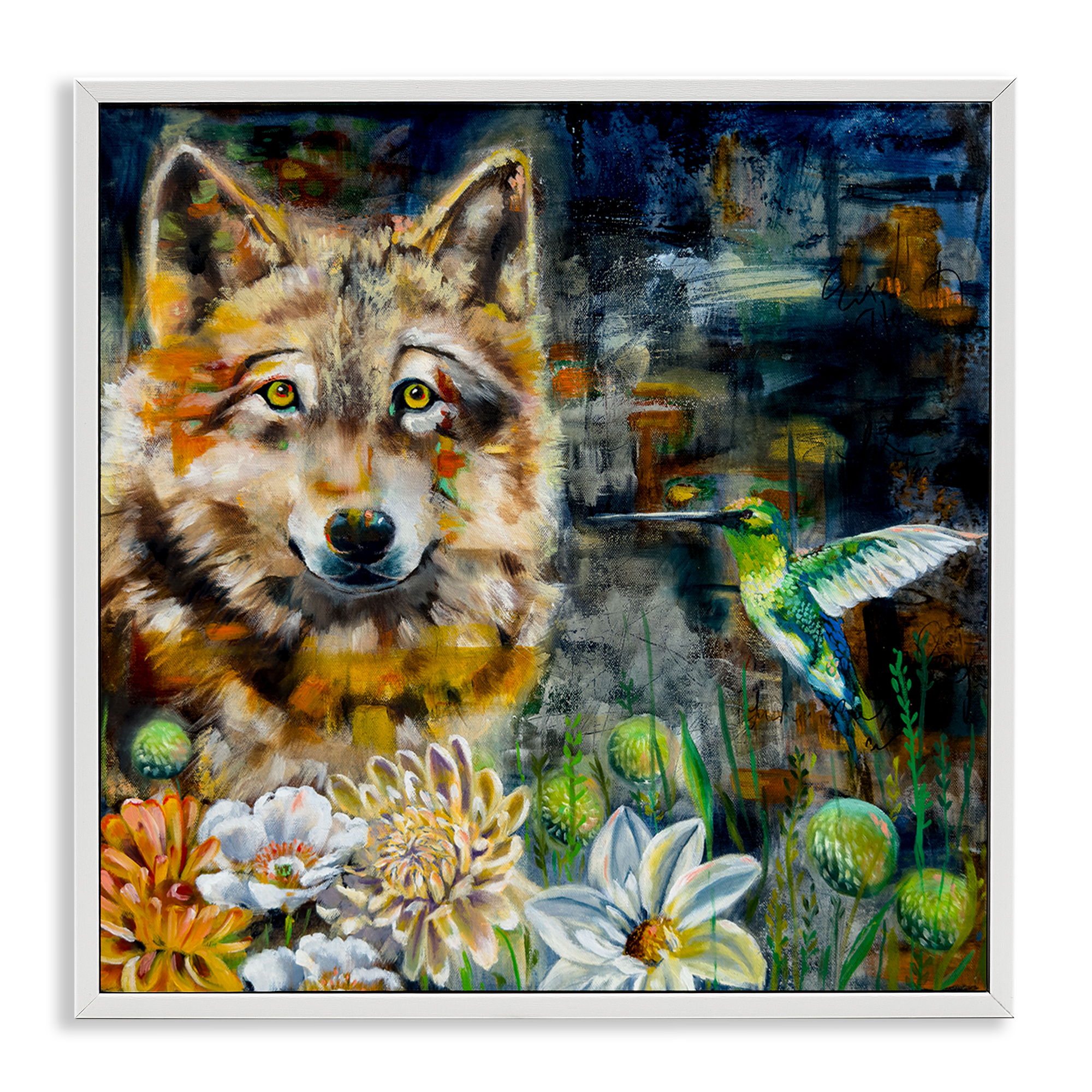 Stupell Industries Beautiful Wolf & Hummingbird Animals Painting White Framed Art Print Wall Art, 17 x 17