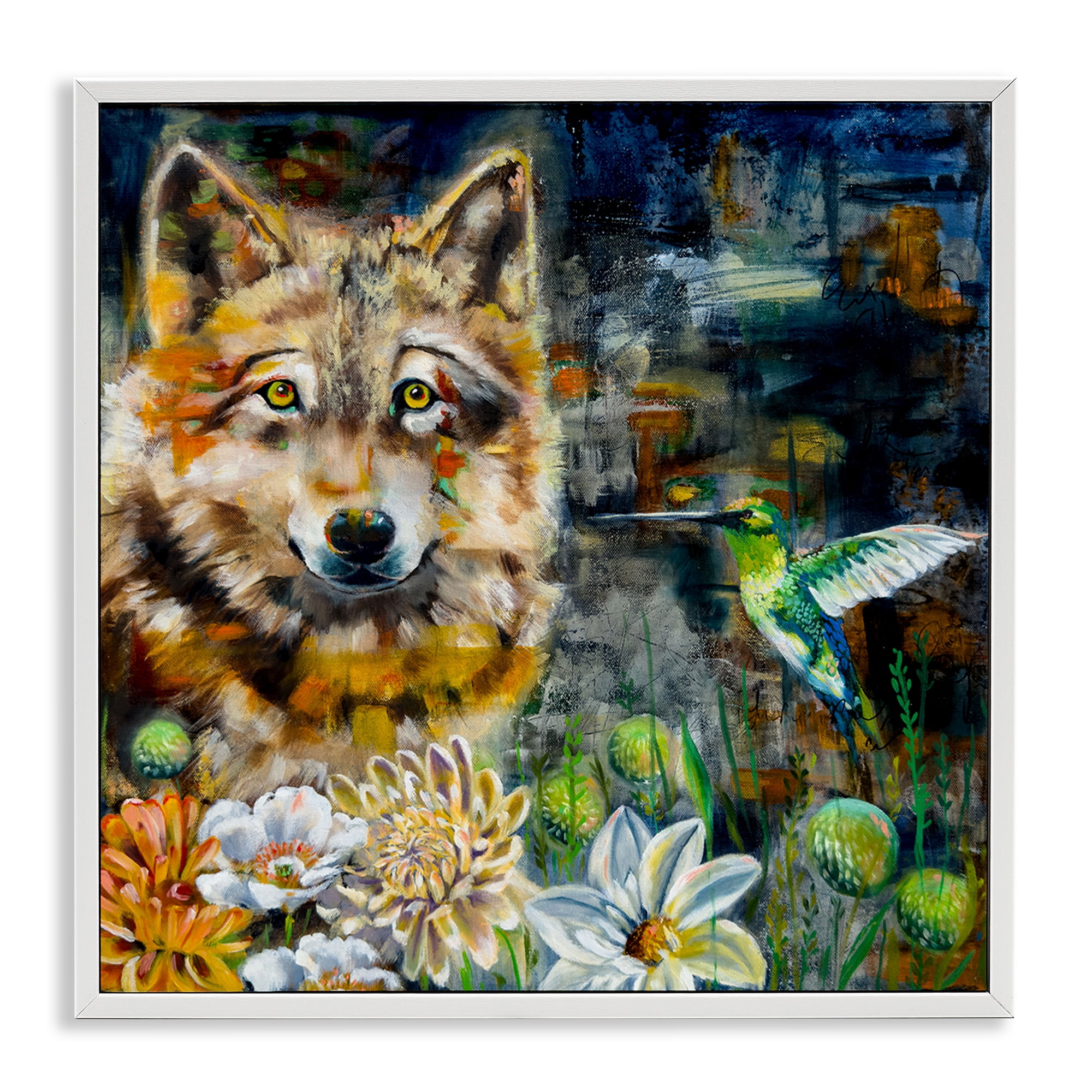 Stupell Industries Beautiful Wolf & Hummingbird Animals Painting White Framed Art Print Wall Art, 24 x 24
