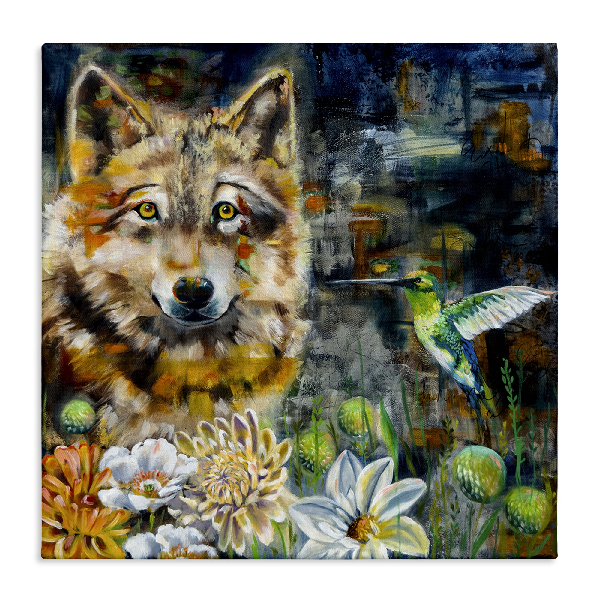 Stupell Industries Beautiful Wolf & Hummingbird Animals Painting Wrapped Canvas Art Print Wall Art, 24 x 24