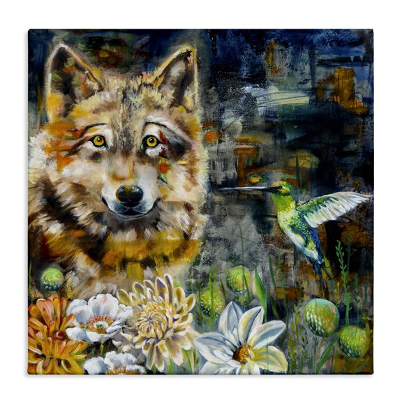Stupell Industries Beautiful Wolf & Hummingbird Animals Painting Wrapped Canvas Art Print Wall Art, 36 x 36