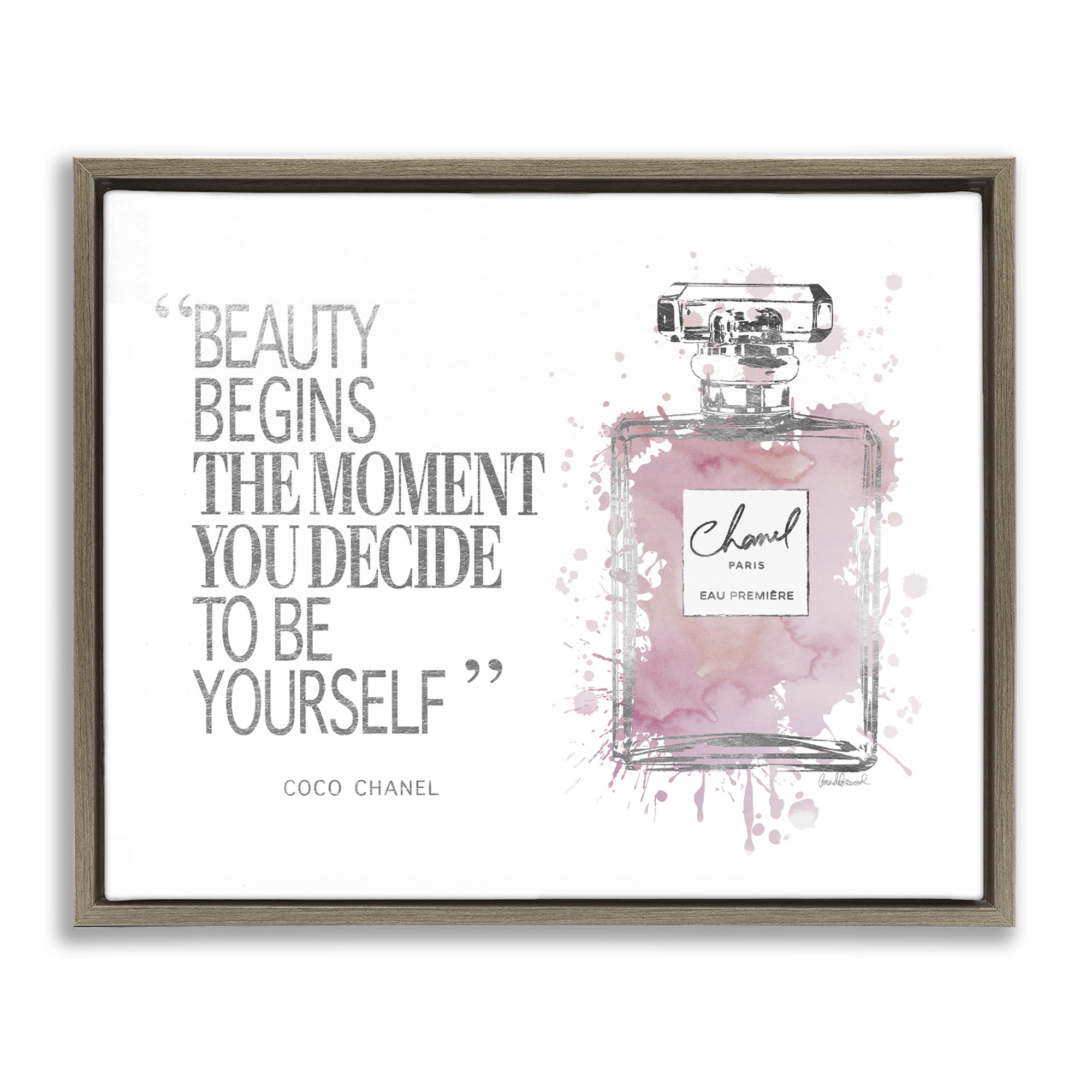 Stupell Industries Beauty Begins Fashion Perfume Beauty & Fashion Painting Brown Floater Framed Canvas Art Print Wall Art, 21 x 17