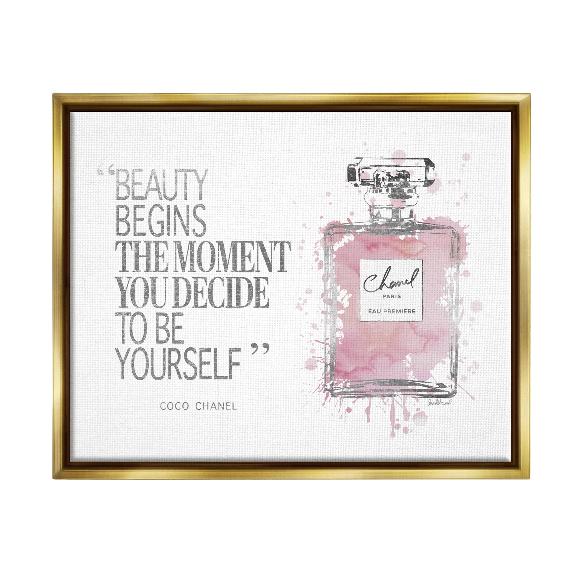 Stupell Industries Beauty Begins Fashion Perfume Metallic Gold Framed Floating Canvas Wall Art, 16x20, by Amanda Greenwood
