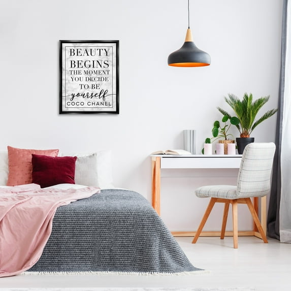 Stupell Industries Beauty Begins Once You Decide To Be Yourself White Marble Typography Jet Black Framed Floating Canvas Wall Art, 24x30, by Daphne Polselli