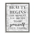 thumbnail image 1 of Stupell Industries Beauty Begins Once You Decide To Be Yourself White Marble Typography Luster Gray Framed Floating Canvas Wall Art, 24x30, by Daphne Polselli, 1 of 5