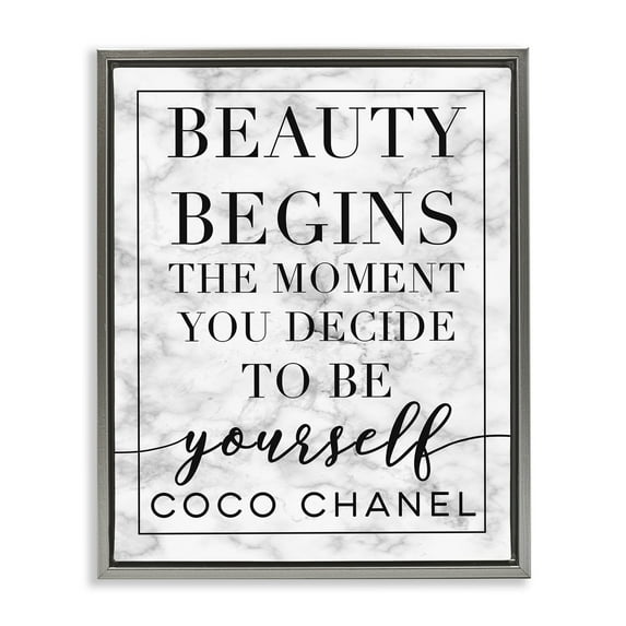 Stupell Industries Beauty Begins Once You Decide To Be Yourself White Marble Typography Luster Gray Framed Floating Canvas Wall Art, 24x30, by Daphne Polselli