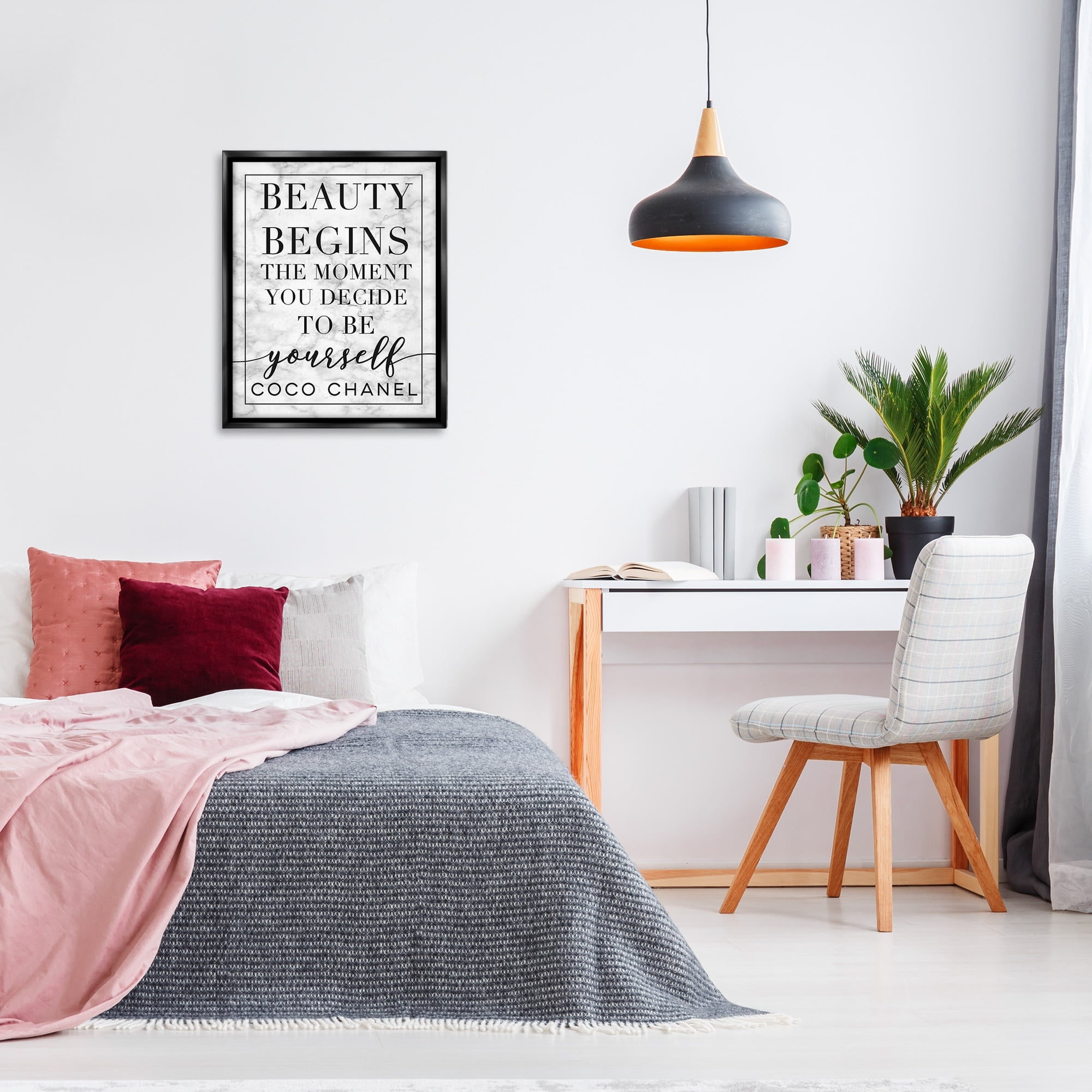 Stupell Industries Beauty Begins Once You Decide To Be Yourself White Marble Typography Jet Black Framed Floating Canvas Wall Art, 24x30, by Daphne Polselli